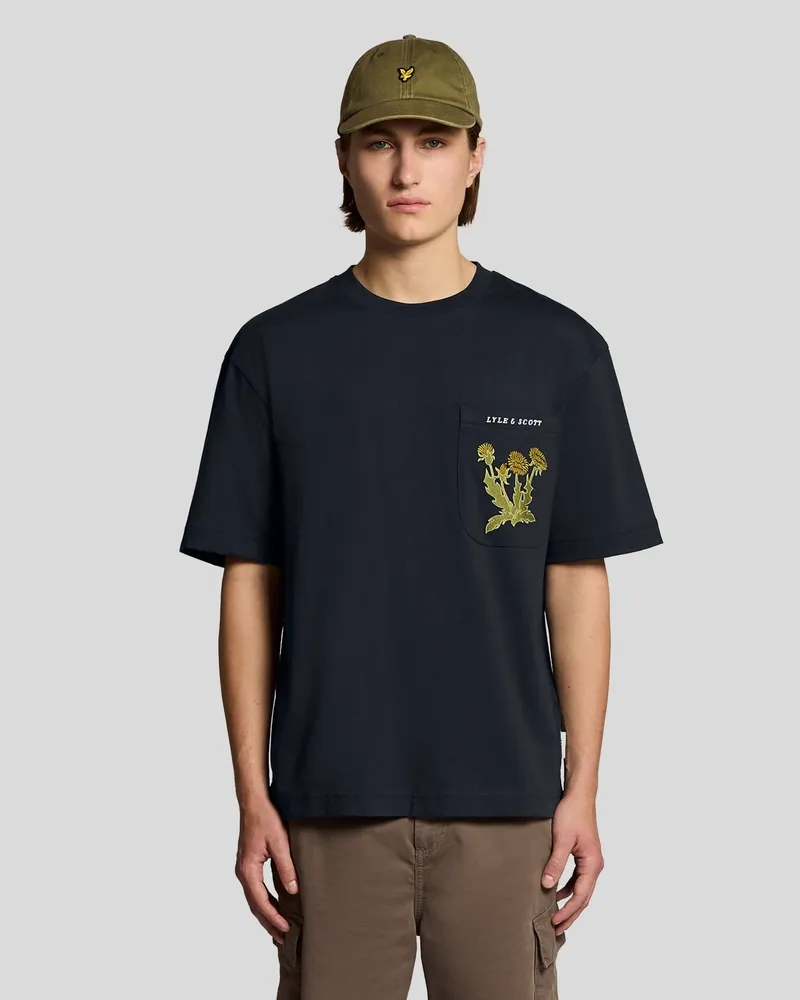 Lyle & Scott Botanisch besticktes Taschenshirt Marineblau