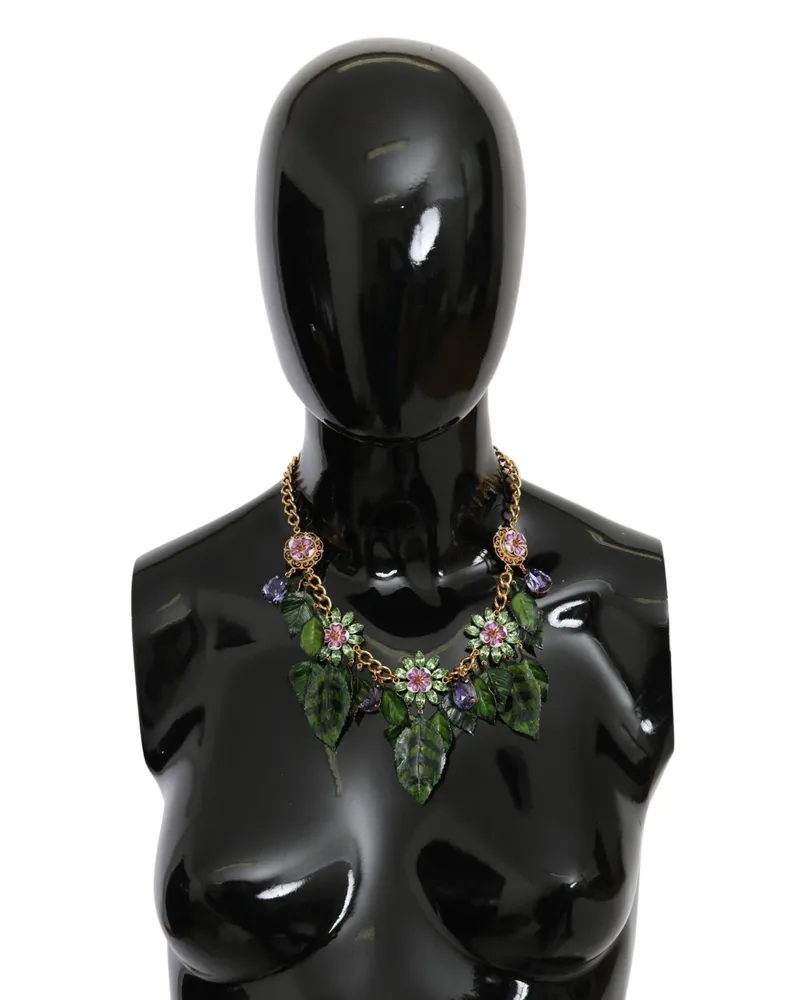 Dolce & Gabbana Green Feuilles en laiton doré Collier de fleur de cristal en laiton Gold