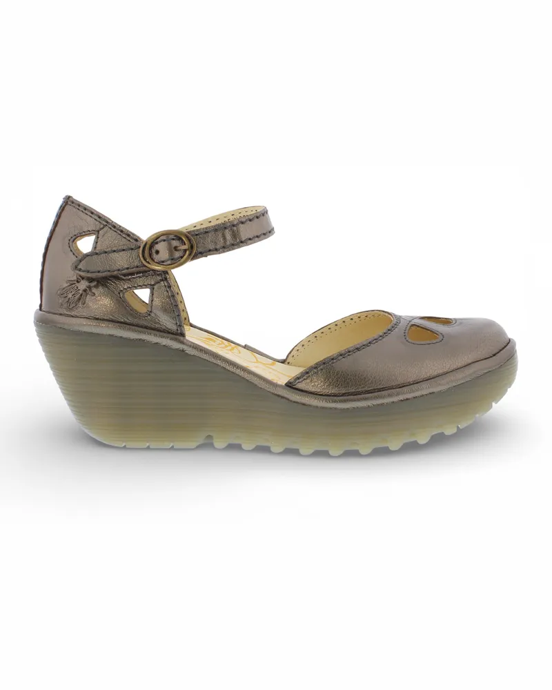 Fly London Damen-Keilsandalen „Yuna“ aus bronzebraunem Leder Bronze
