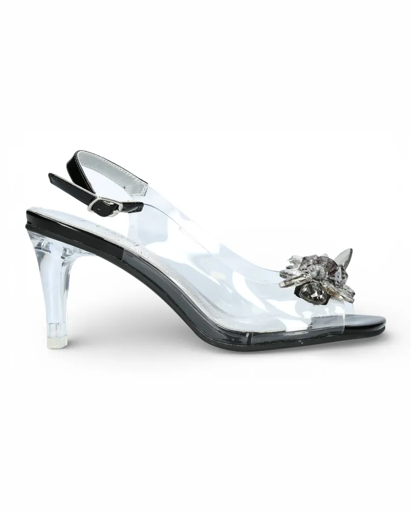 Laura Vita Damen-Sandalen Mira 01, durchsichtig schwarz, zum Hineinschlüpfen, Cinderella-Absatz Schwarz