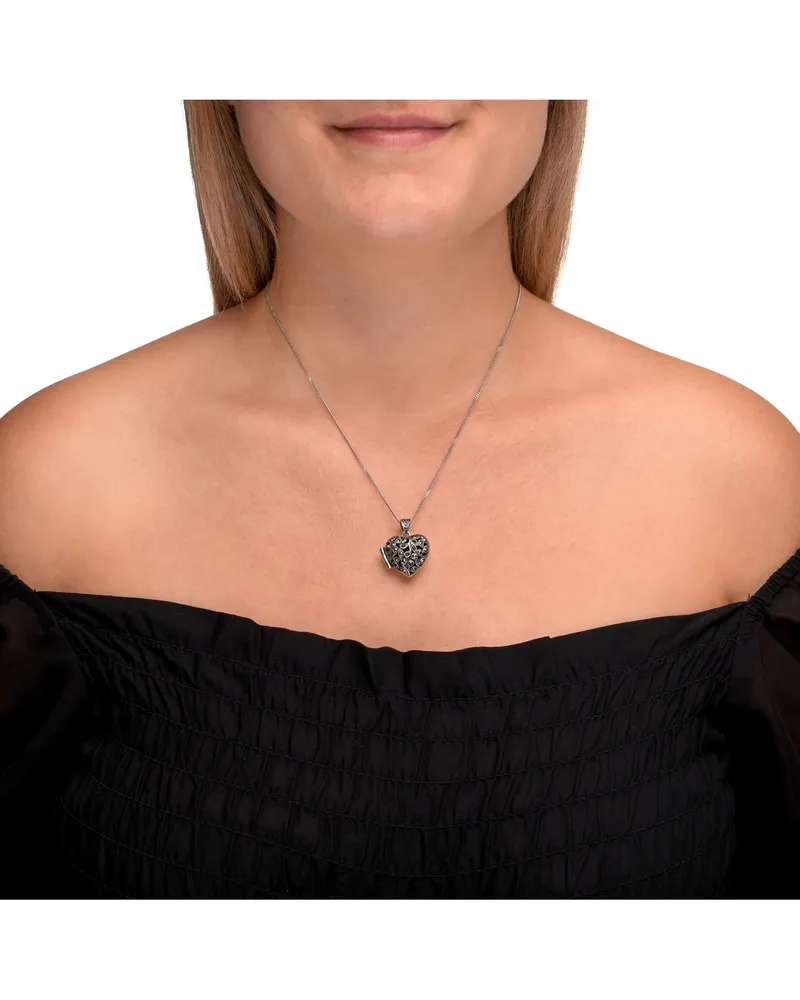 ZEEme Gemstones Halskette Silber 925 oxidiert Medaillon Herz-Form mit 25x Markasit Schwarz