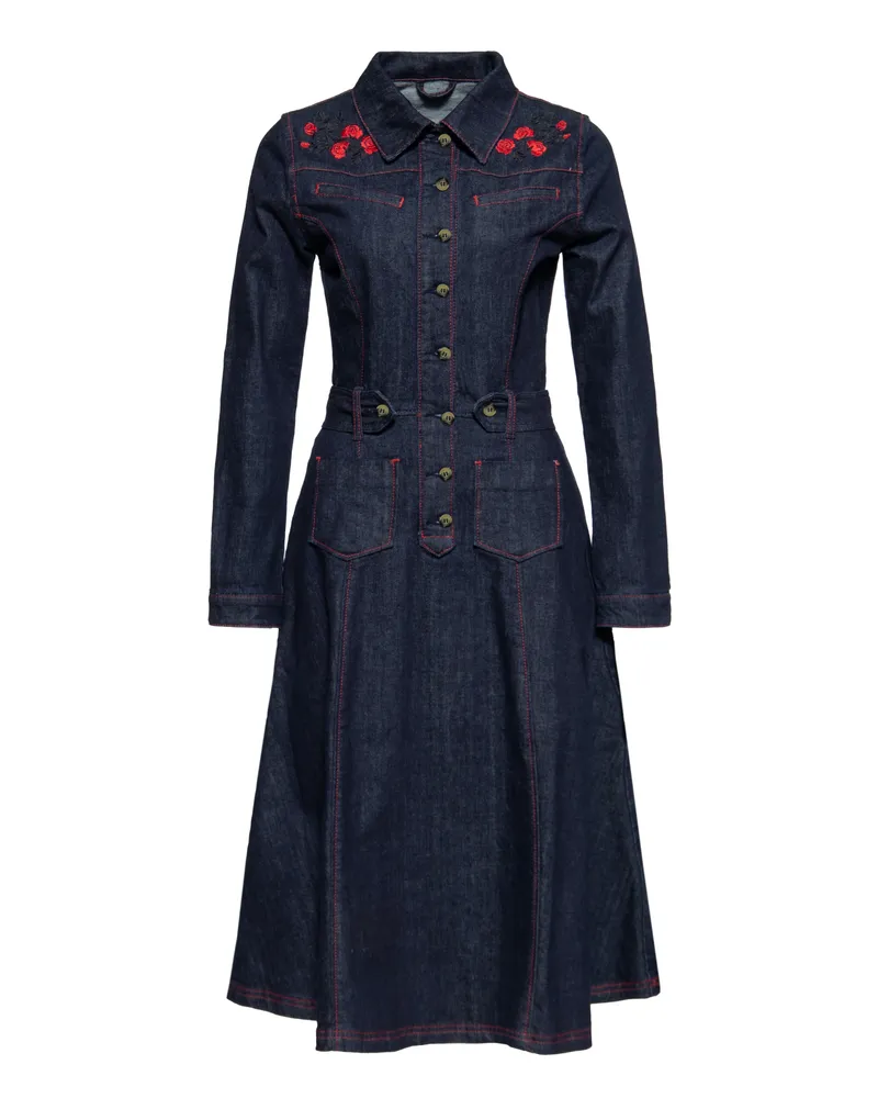 Queen Kerosin Damen Western Swing Kleid Roses Denim Blau