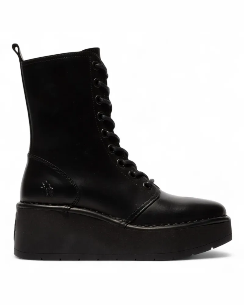 Fly London Damen HAIT273 Ankle Boots aus Leder mit Schnürung und dicker Plateausohle, Schwarz Schwarz