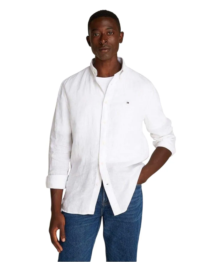 Tommy Hilfiger Hemd für Herren, Leinen, Regulär, Langärmlig (Aufgehelltes Weiß Weiß