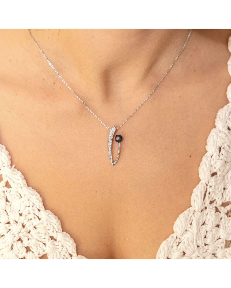 ZEEme Pearls Halskette Silber 925 rhodiniert mit schwarzer Perle & Zirkonia weiß Silber