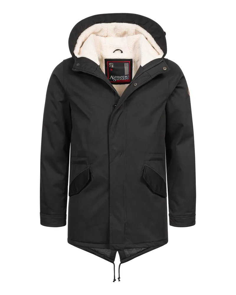 Alessandro Salvarini Herren Winterparka mit Teddyfell und Kapuze Schwarz
