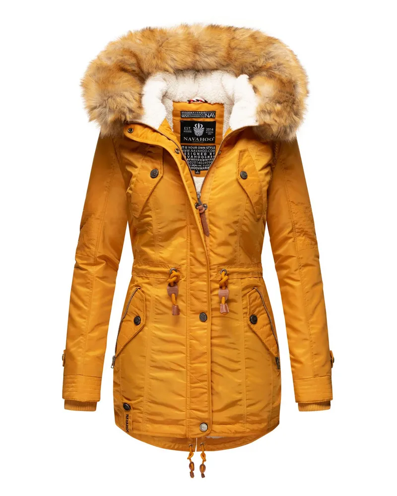 NAVAHOO Damen Winterjacke B399 – Warm, Wasserabweisend & Mit Abnehmbarem Kunstfellkragen Gelb