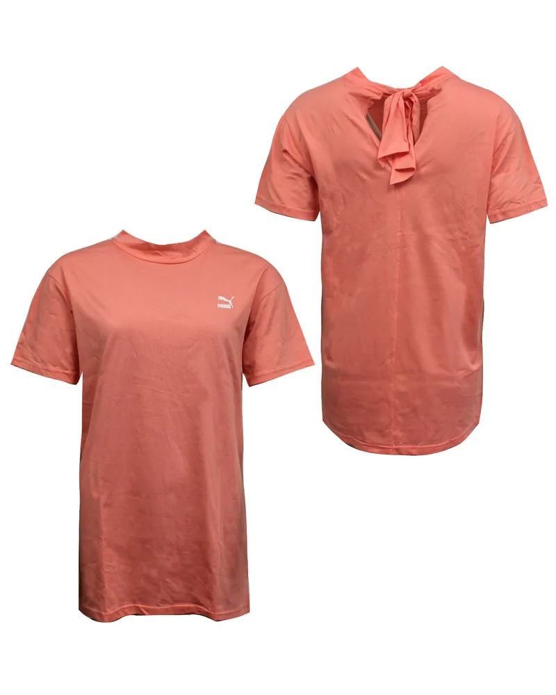 Puma Bow Verlängertes Damen T-Shirt Kurzarm Oberteil Shell Pink 850236 11 A56E Rosa