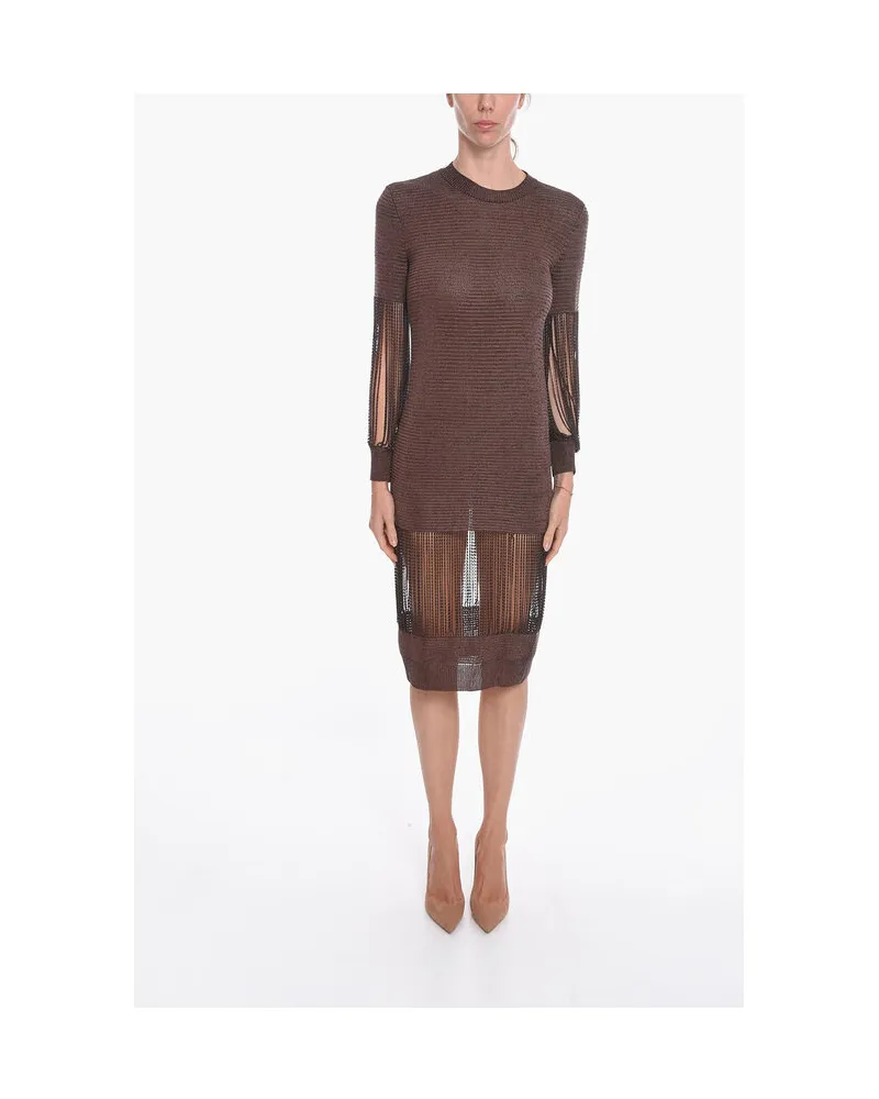 Bottega Veneta Metallic-Midikleid aus Viskosestrick mit Kettendetails in Braun Braun