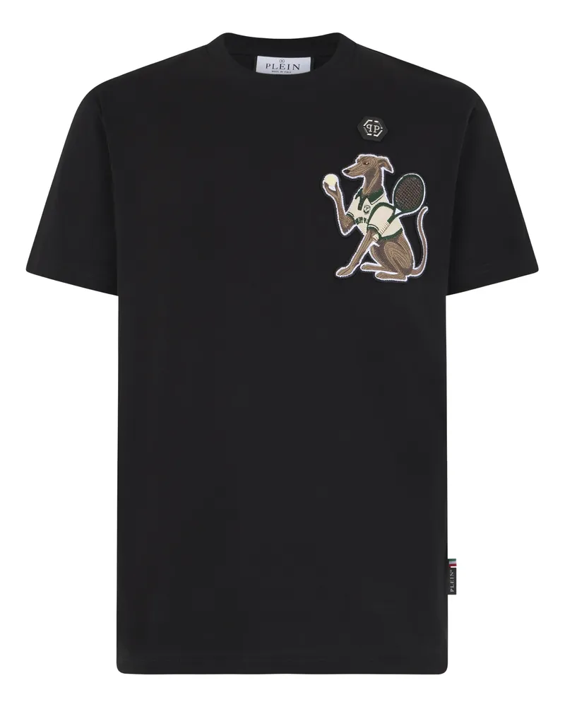 Philipp Plein Round Neck T-Shirt Tennis Pet Patch Schwarz