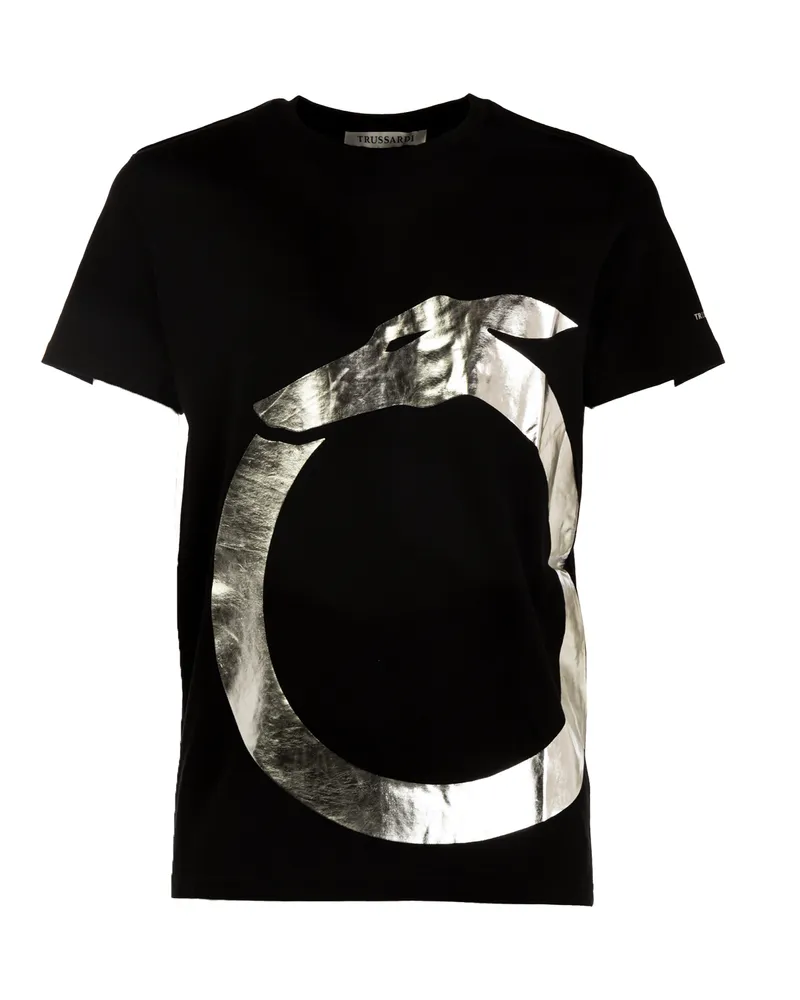 Trussardi Herren-T-Shirt mit kurzen Ärmeln und einfarbigem Rundhalsausschnitt mit Druck Schwarz