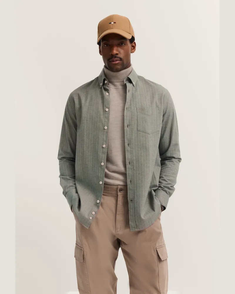 Bugatti Herren-Freizeithemd langarm im Modern Fit mit Button-down-Kragen - Grün Grün