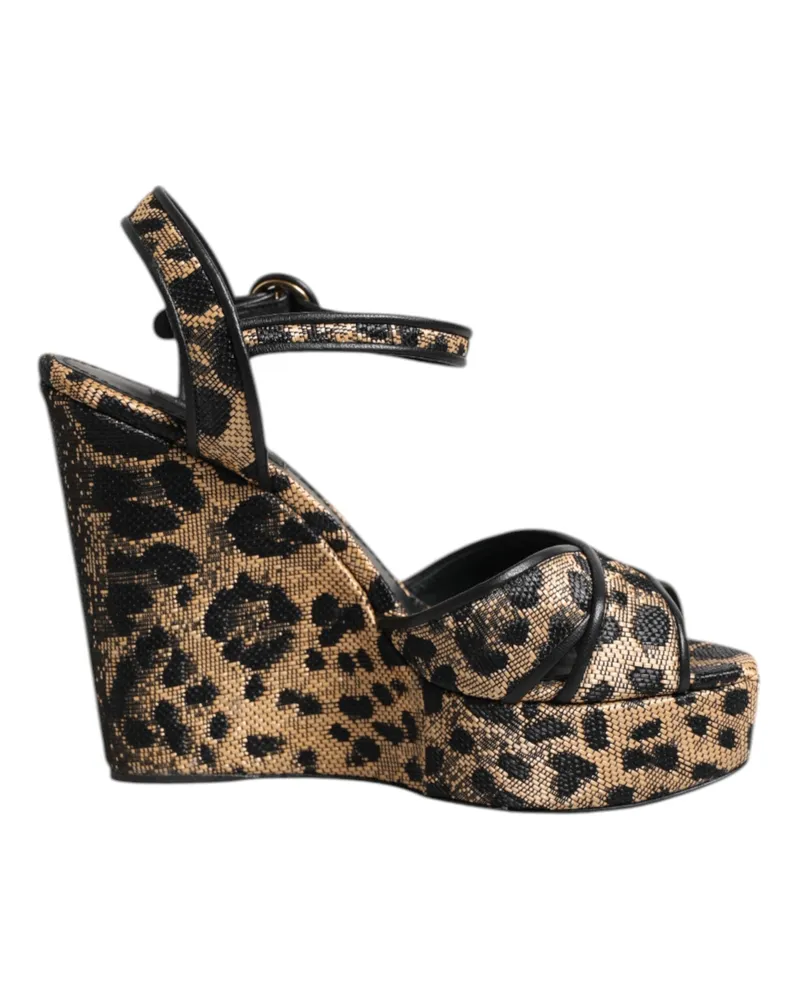 Dolce & Gabbana Braune Leopard Wedge-Ankle-Strap-Sandalen Schuhe Schwarz