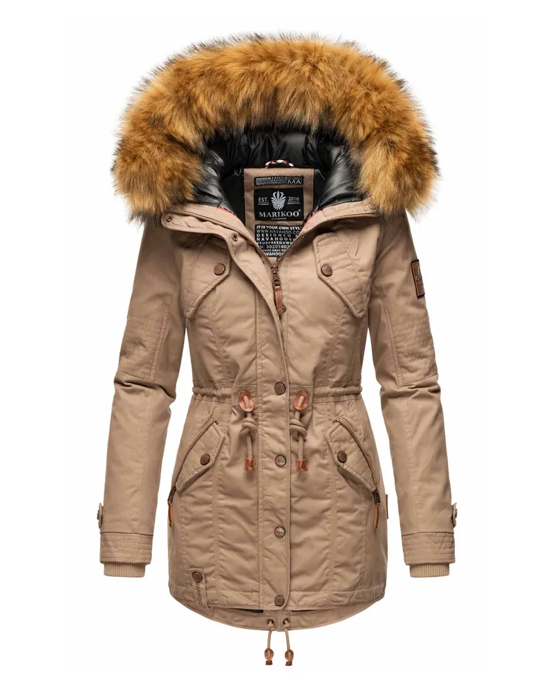 Marikoo Damen Winterjacke mit abnehmbarem Kunstfellkragen & Taillenzug Grau