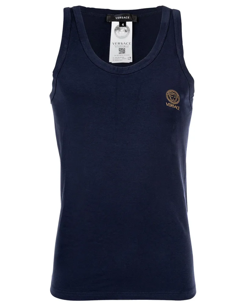 Versace Langarm-T-Shirt, Rundhals, Bi-Stretch-Baumwolle, neues Logo - Marineblau Marineblau