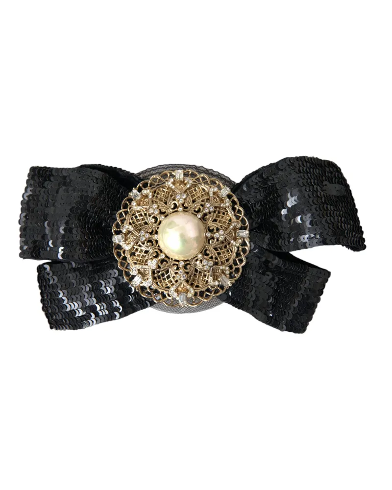 Dolce & Gabbana Schwarze Pailletten Perl handgemachte Brosche Haarnadel Schwarz