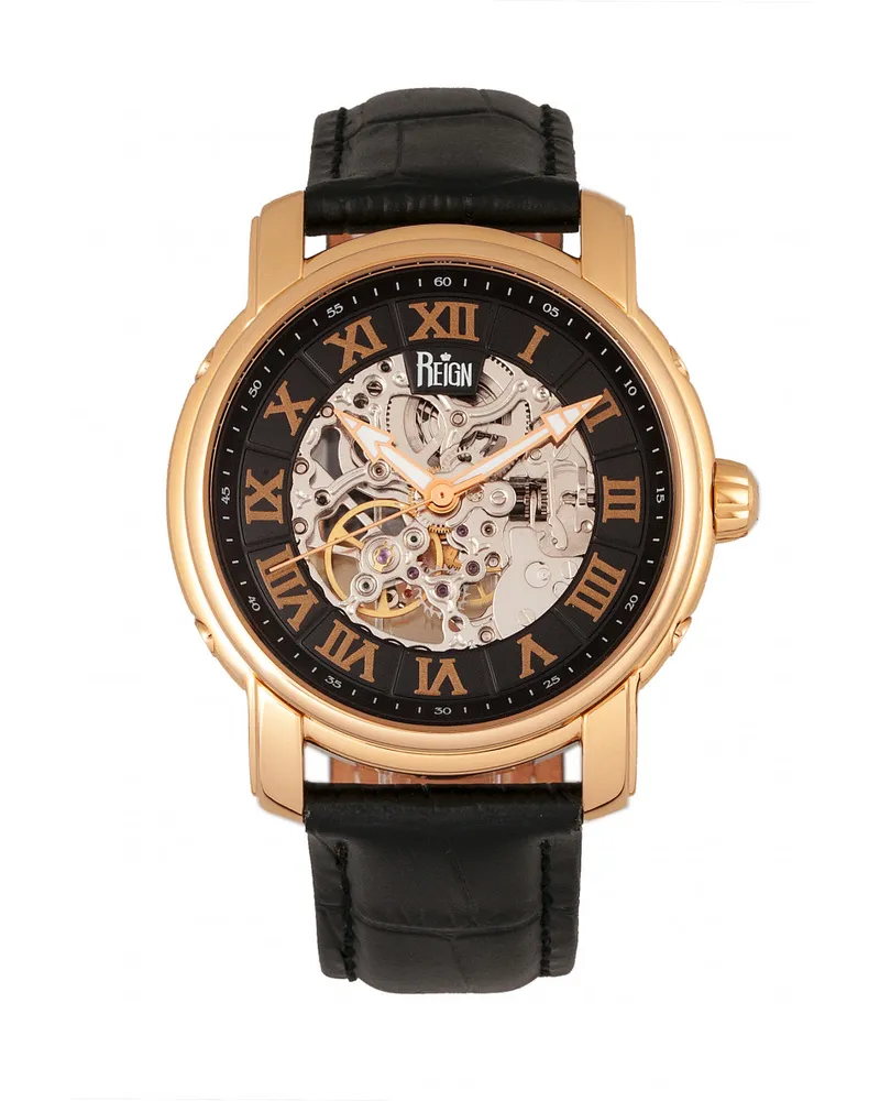 Reign Kahn Automatik-Skelettuhr mit Lederarmband Roségold