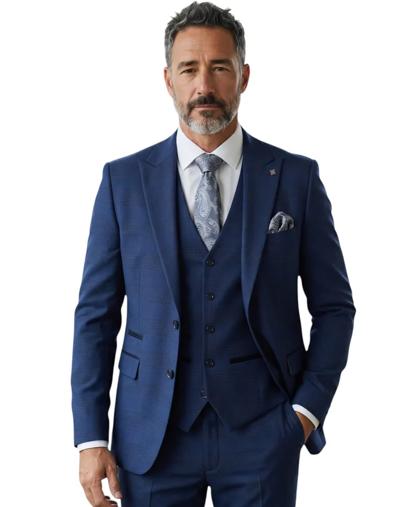 Paul Andrew Marineblauer 3-teiliger Herrenanzug mit Karomuster, taillierter Schnitt, formeller Anzug - MARK Marineblau