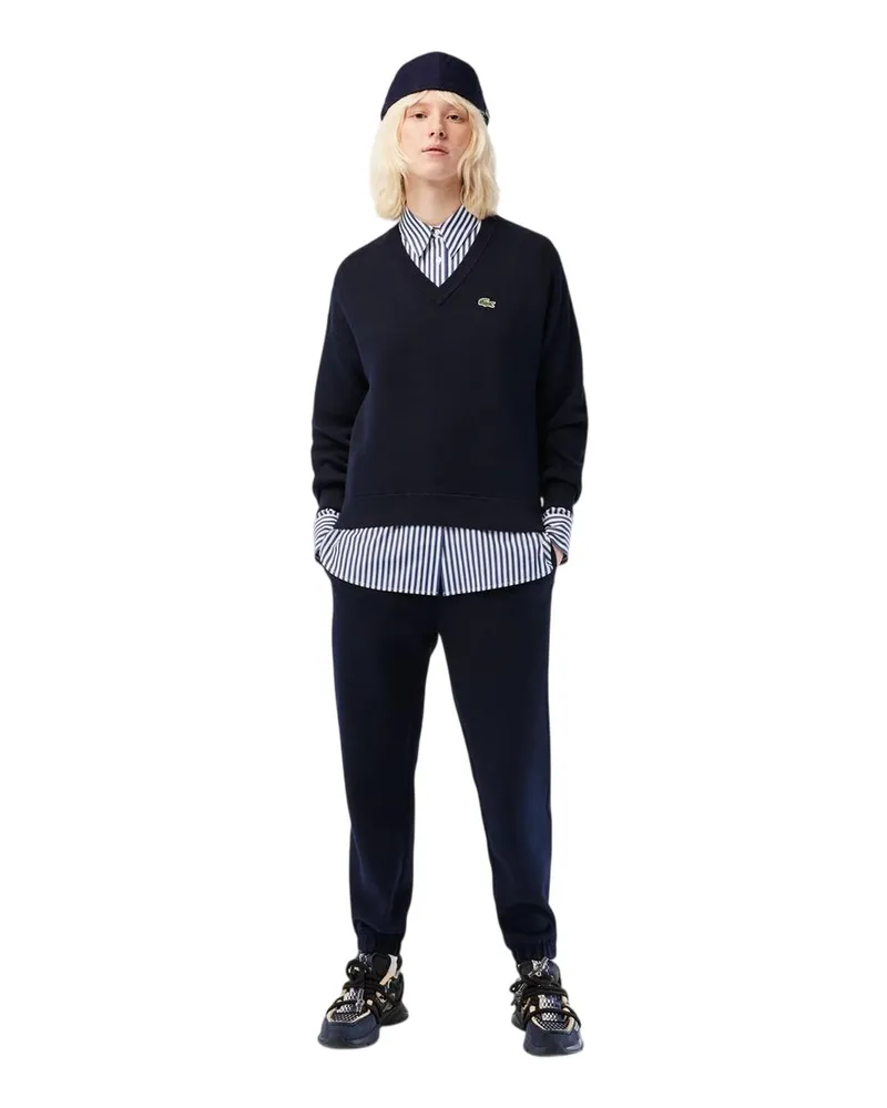 Lacoste Pullover Top für Damen, V-Ausschnitt, gerippt, Regulär (Dunkles Marineblau Marineblau