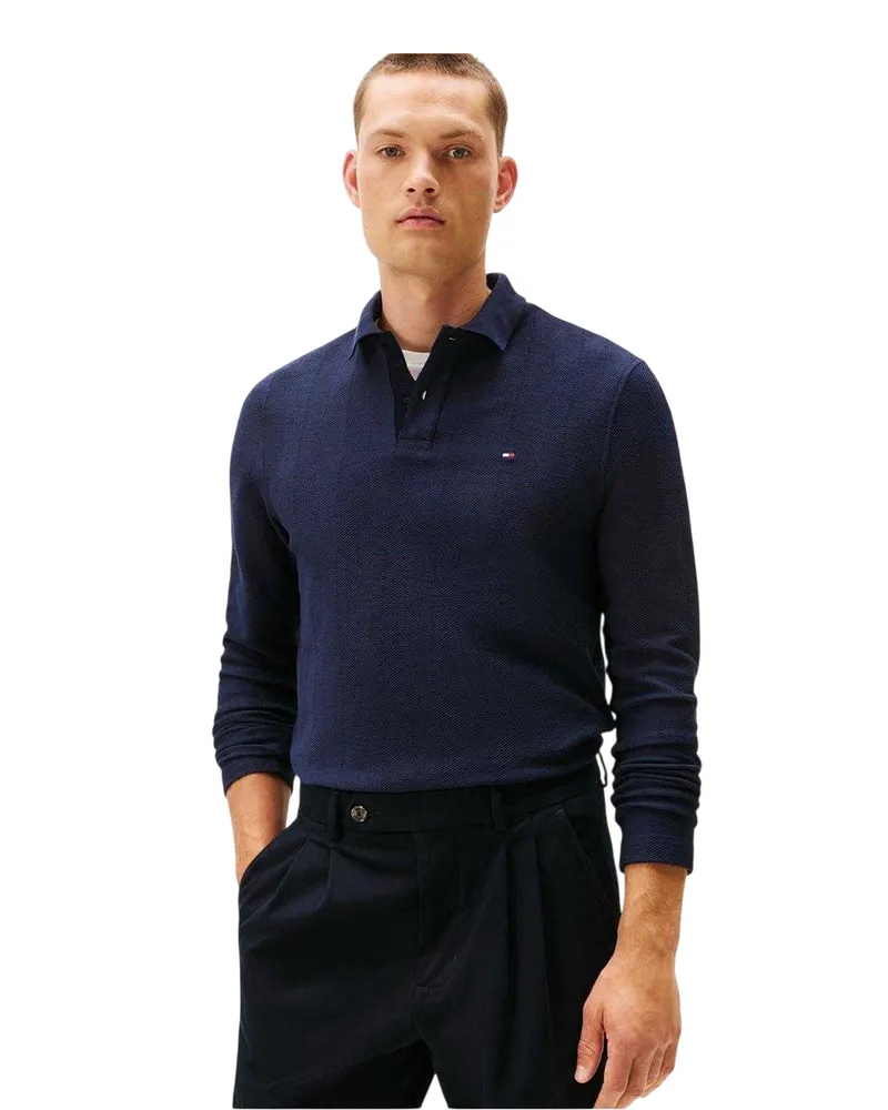 Tommy Hilfiger Poloshirt für Herren, Fischgrätmuster, Langärmlig (Himmelblau Blau