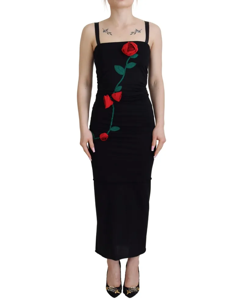 Dolce & Gabbana Rosenbesticktes Midikleid Schwarz