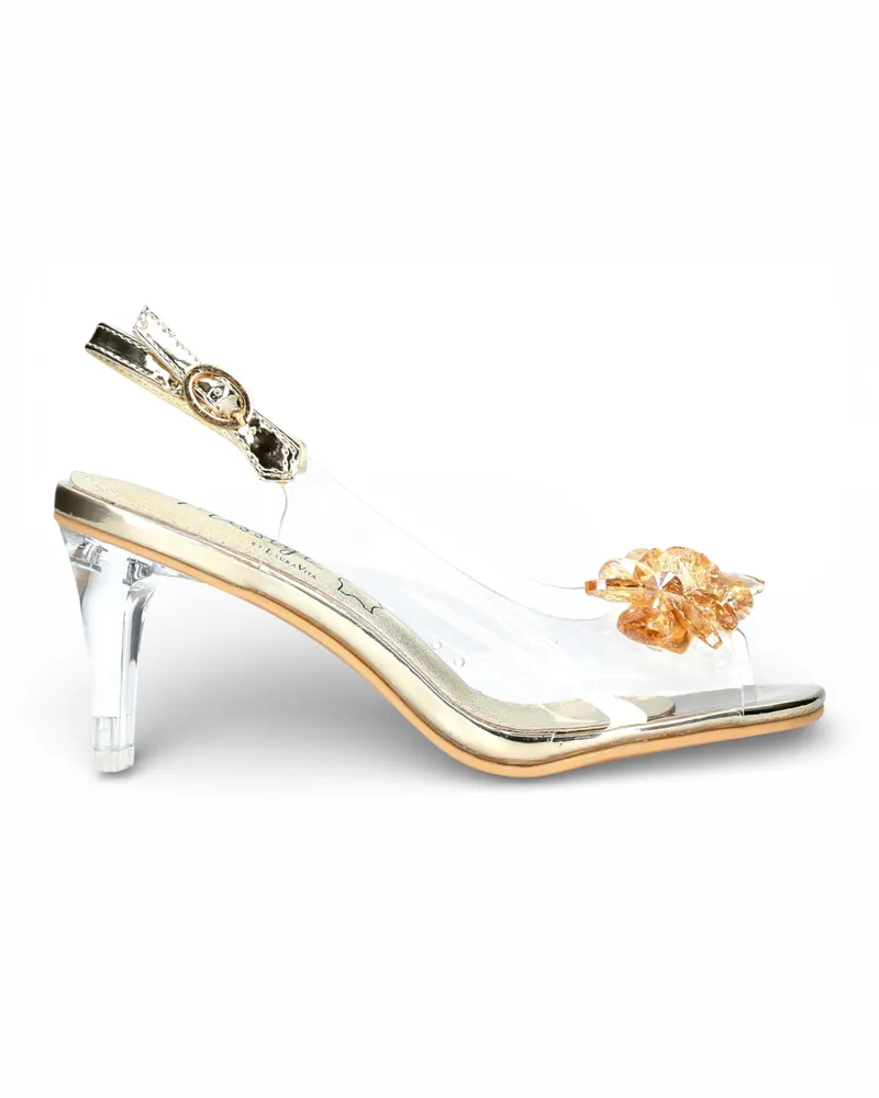 Laura Vita Damen-Sandalen Mira 01, durchsichtig-golden, zum Hineinschlüpfen, Cinderella-Absatz Gold