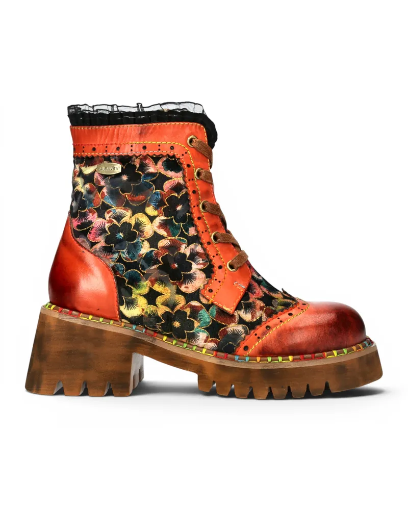 Laura Vita Women's Gothic Floral Orange Leather Leather Combat Boots – Oyao-11 Orange