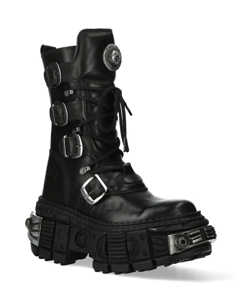 New Rock mittelhohe Gothic-Lederstiefel-WALL1473-S3 Schwarz