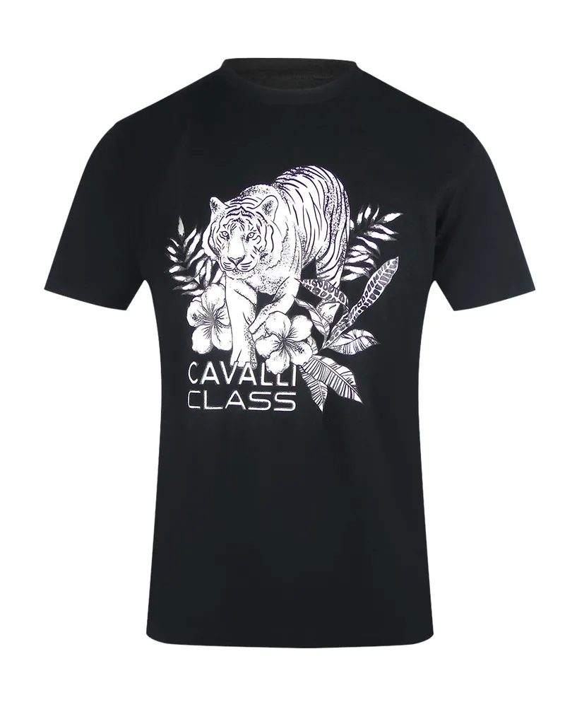 Roberto Cavalli Schwarzes T-shirt Mit Tiger-blumenlogo Schwarz