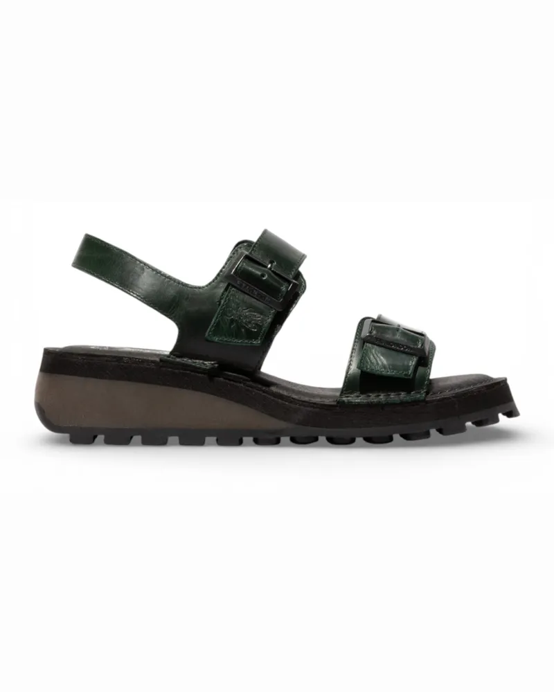 Fly London Damen-Sandalen HEIF558FLY aus petrolgrünem Leder mit Keilabsatz und Schnalle Grün