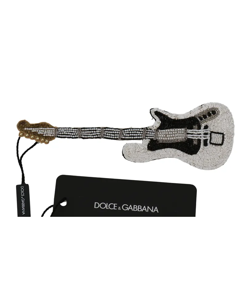 Dolce & Gabbana Weiße Gitarre Pailletten Perlen Markenansticker Brosche Mehrfarbig