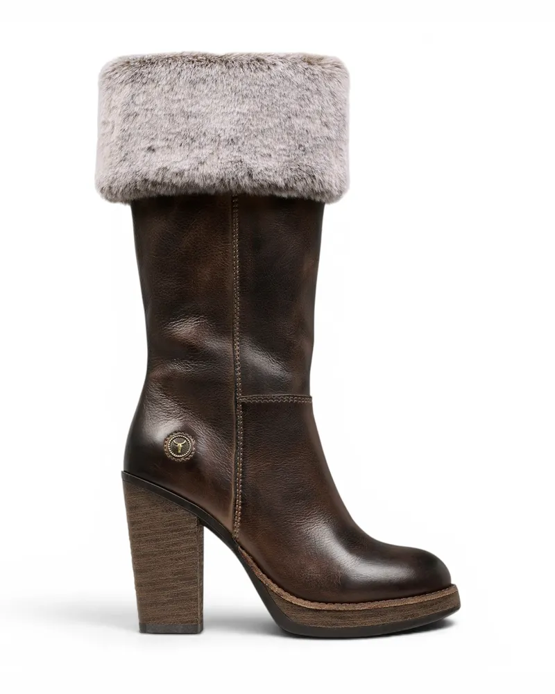 WINDSOR SMITH Windsorsmith Damen-Braune Leder-Fellstiefel mit hohem Absatz für Damen zur Mitte der Waden – Lovestruck Dunkelbraun