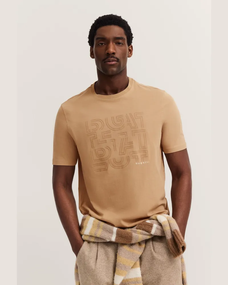 Bugatti Herren T-Shirt kurzarm mit Logo-Print und Rundhals aus Baumwolle Beige