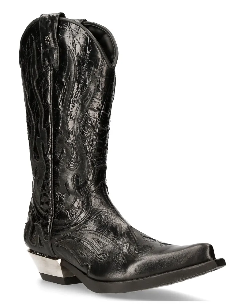 New Rock Flame Biker-Cowboystiefel aus schwarzem Leder mit Akzent – ​​M-7921-S1 Schwarz