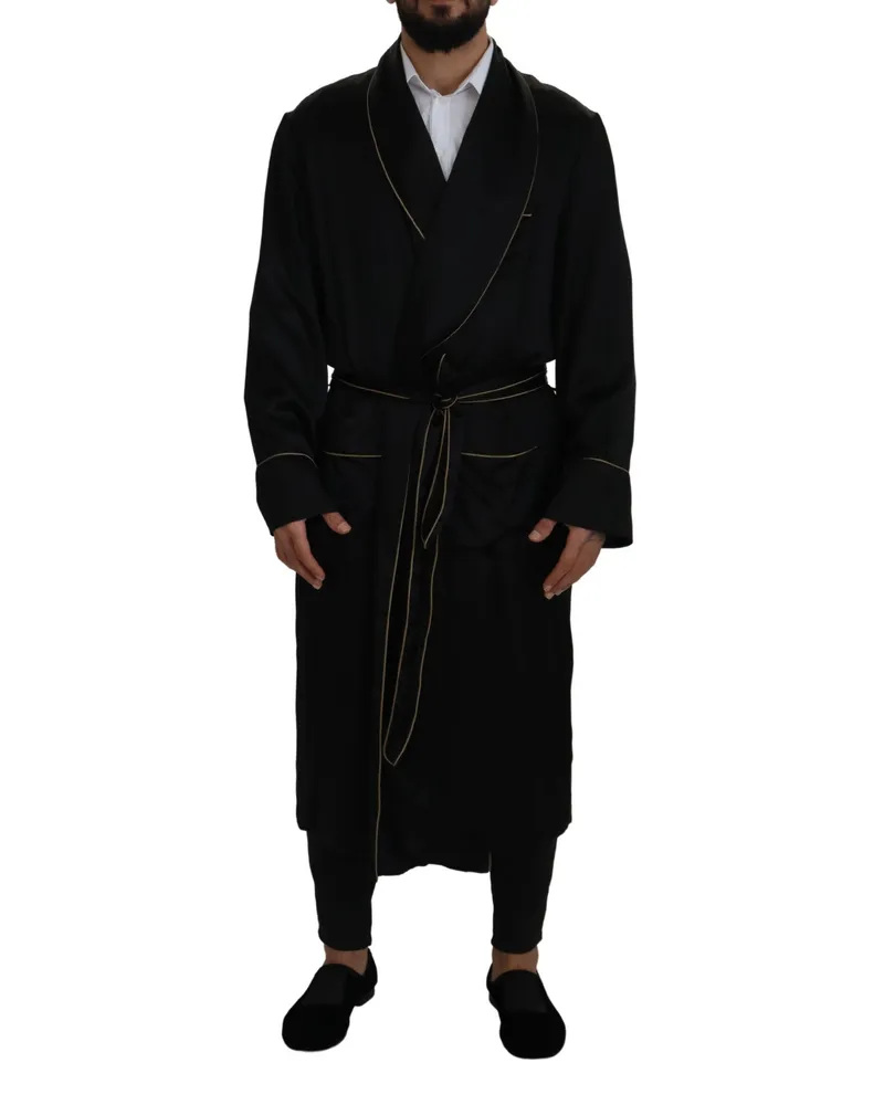 Dolce & Gabbana Seidenrobe mit goldener Paspelierung Schwarz