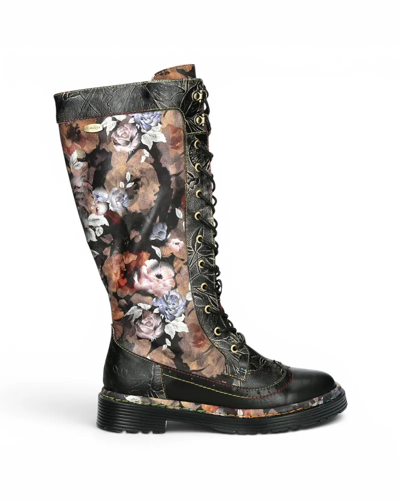 Laura Vita Damen-Maroon-Gothic-Floral-Schwarze Leder-Knie-Schnürstiefel – Incaso-50 Schwarz