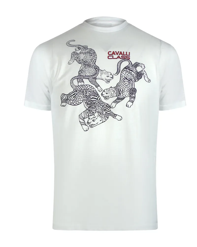 Roberto Cavalli T-shirt Im Traditionellen Stil Mit Leoparden-grafik In Off-white Weiß