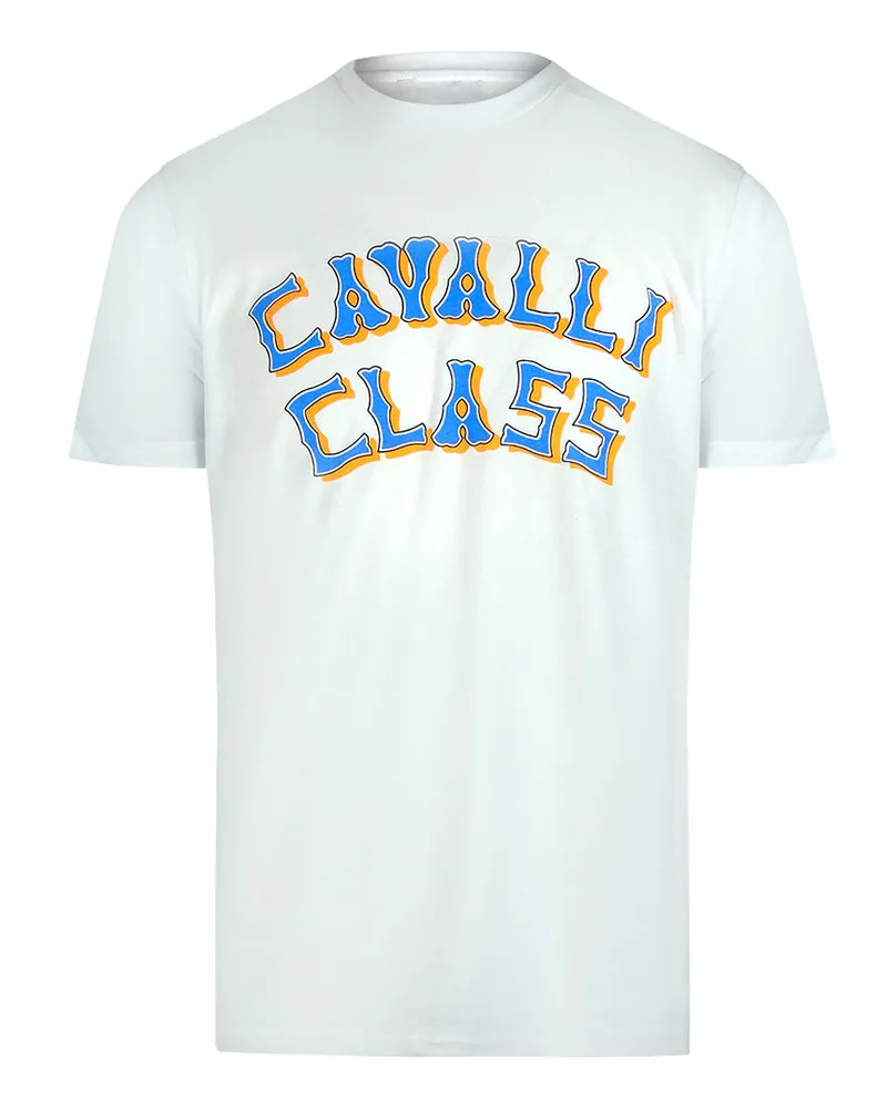 Roberto Cavalli T-shirt In Off-white Mit Mehrlagigem Logo Creme