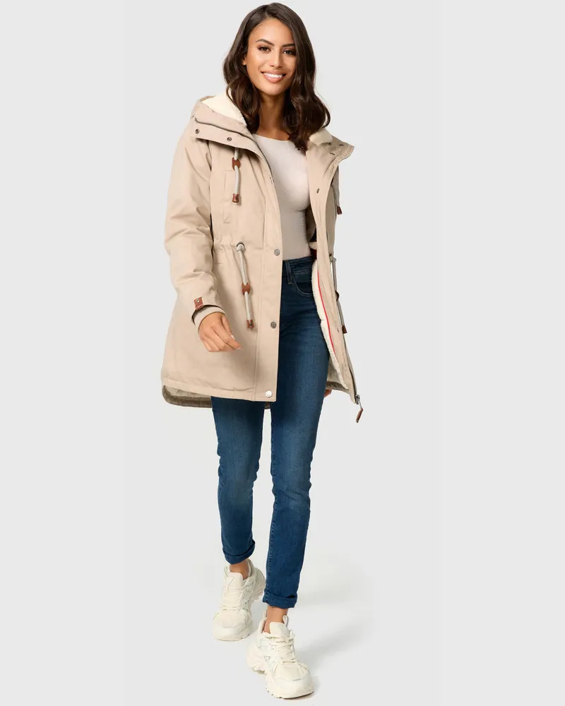 NAVAHOO Ireliaa Damen Parka – Windabweisende Winterjacke mit Teddyfell & Kapuze - Beige Beige
