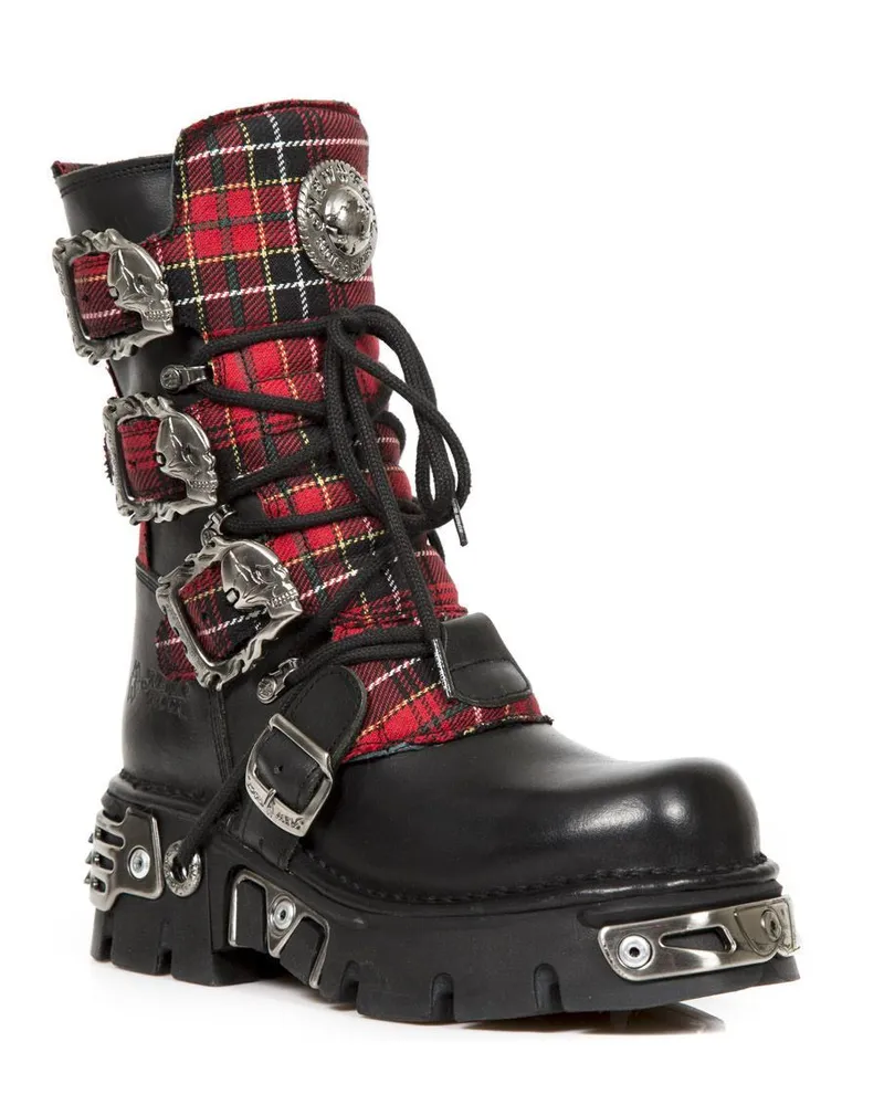 New Rock Gothic-Stiefel aus Tartan-Leder-391T-S1 Schwarz
