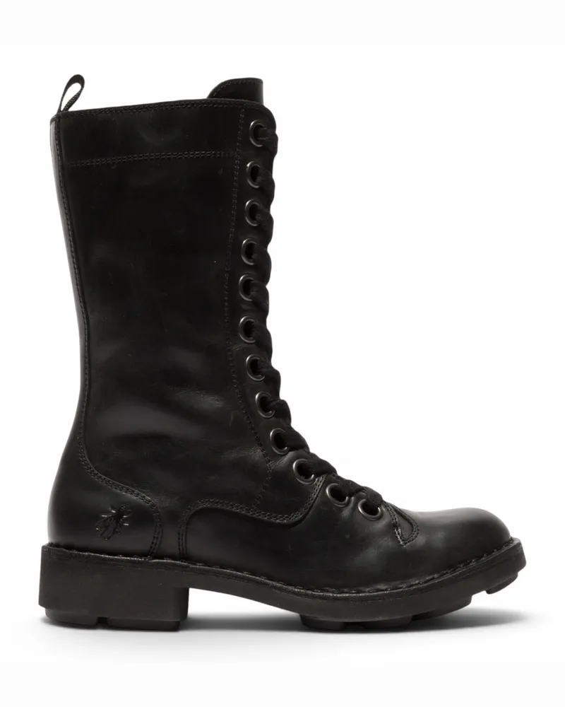 Fly London Women's Black Leather Schnürstiefel für Kampf-Knöchel – NOLE176 Schwarz
