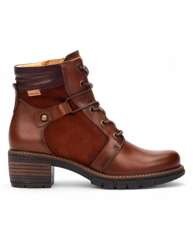 Pikolinos Cuero Braune Leder-Stiefeletten mit Reißverschluss und Schnürabsatz für Damen – San Sebastián Schokoladenbraun
