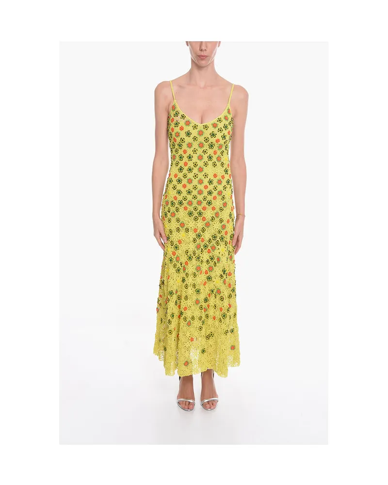 Bottega Veneta Ausgestelltes Kleid aus Viskose-Häkelarbeit mit perlenbesetztem Blumenmotiv in Grün Grün