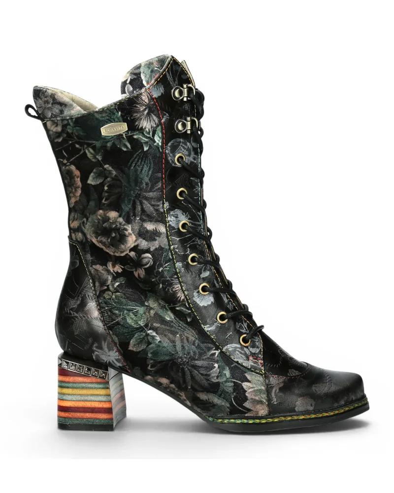 Laura Vita Goth Victorial Floral Schwarze Lederstiefel mit hoher Schnürstiefel – Ibcano-15 Schwarz
