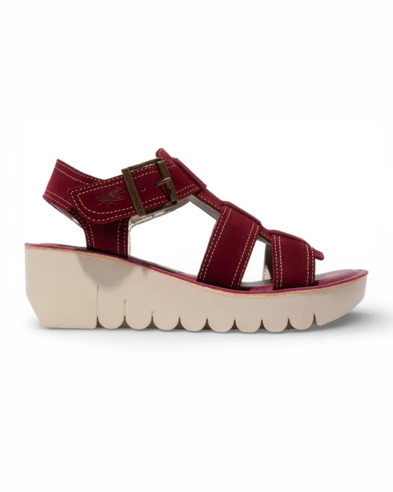 Fly London Damen-Keilsandalen YUDD236FLY aus beerenrotem Leder Bordeaux