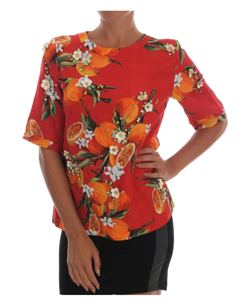 Dolce & Gabbana Orange-Print Bluse mit Kristallverzierung Mehrfarbig
