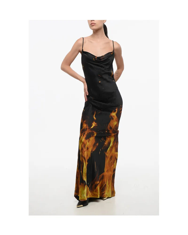 Balmain Satin-Maxikleid mit Flammendruck, Arancio/Nero - Orange Orange