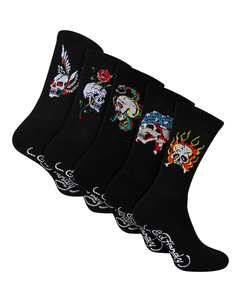 Ed Hardy 5er-Pack Herren Crew-Socken mit Totenkopf-Muster, weich und atmungsaktiv, lässige Socken Schwarz
