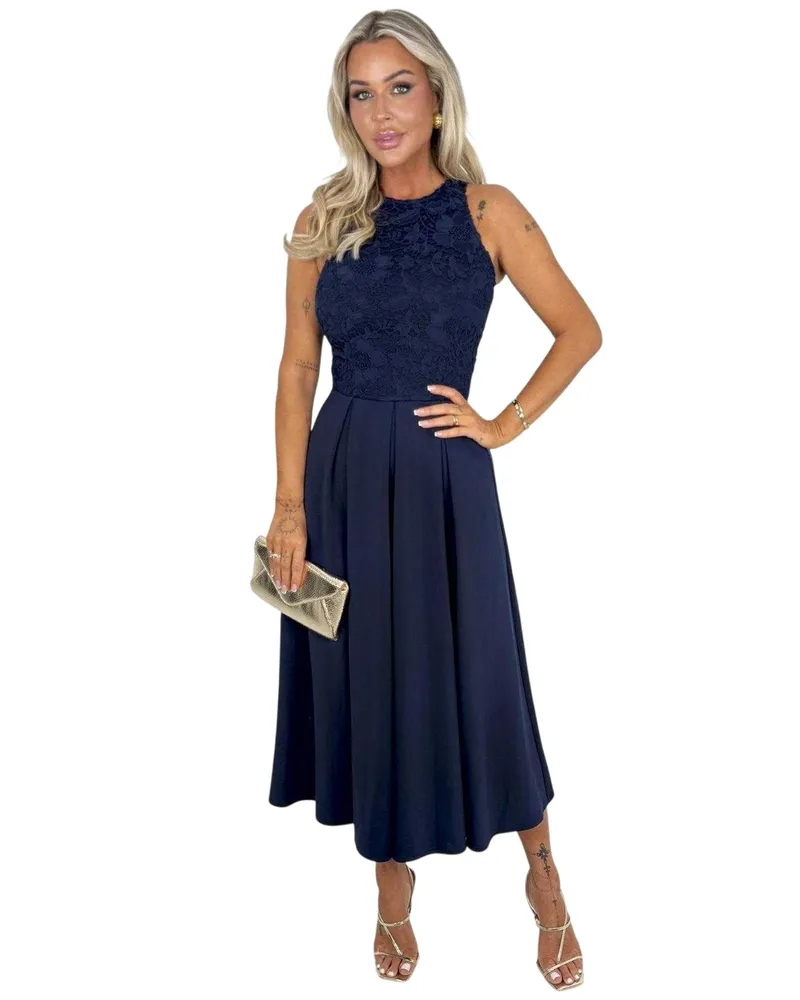 AX Paris Midikleid für Damen, Spitzenüberzug (Marine Marineblau