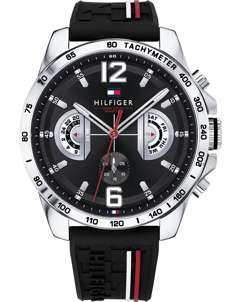 Tommy Hilfiger Stylische Herrenuhr von der Marke . Die Uhr hat ein Kautschukarmband, das auch verkleinert werden kann, das Gehäuse hat einen Durchmesser von 46 mm und das Uhrwerk ist Quarz.  Marke: Tommy HilfigerModellname: 1791473 (46mm)Kategorie: HerrenuhrMaterialien: Edelstahl, KautschukFarbe: schwarz, silber Schwarz